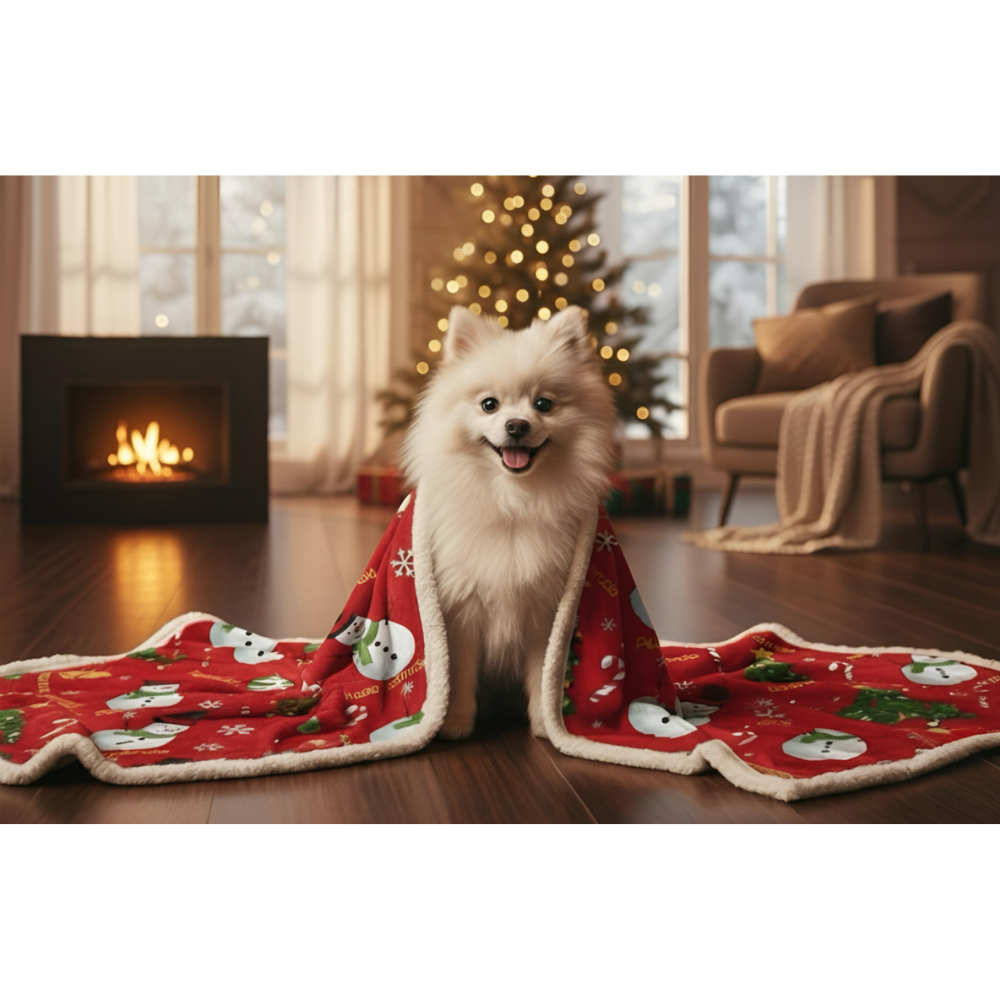 White dog on a red blanket with Christmas patterns in a cozy living room.