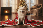 White dog on a red blanket with Christmas patterns in a cozy living room.