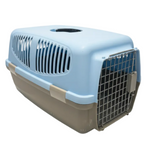 Pet carrier with a blue top and brown bottom on a white background