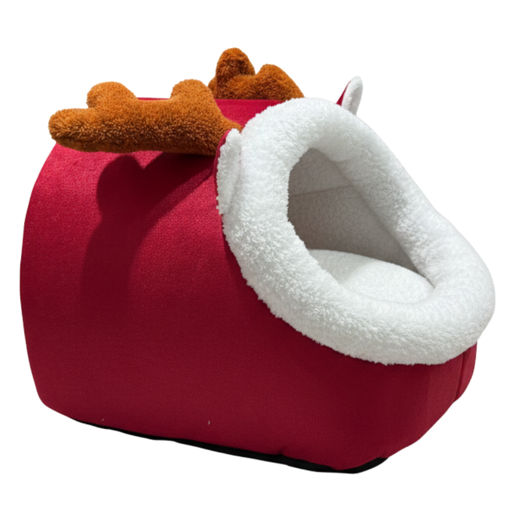 Red pet bed with white lining and brown accents on a white background