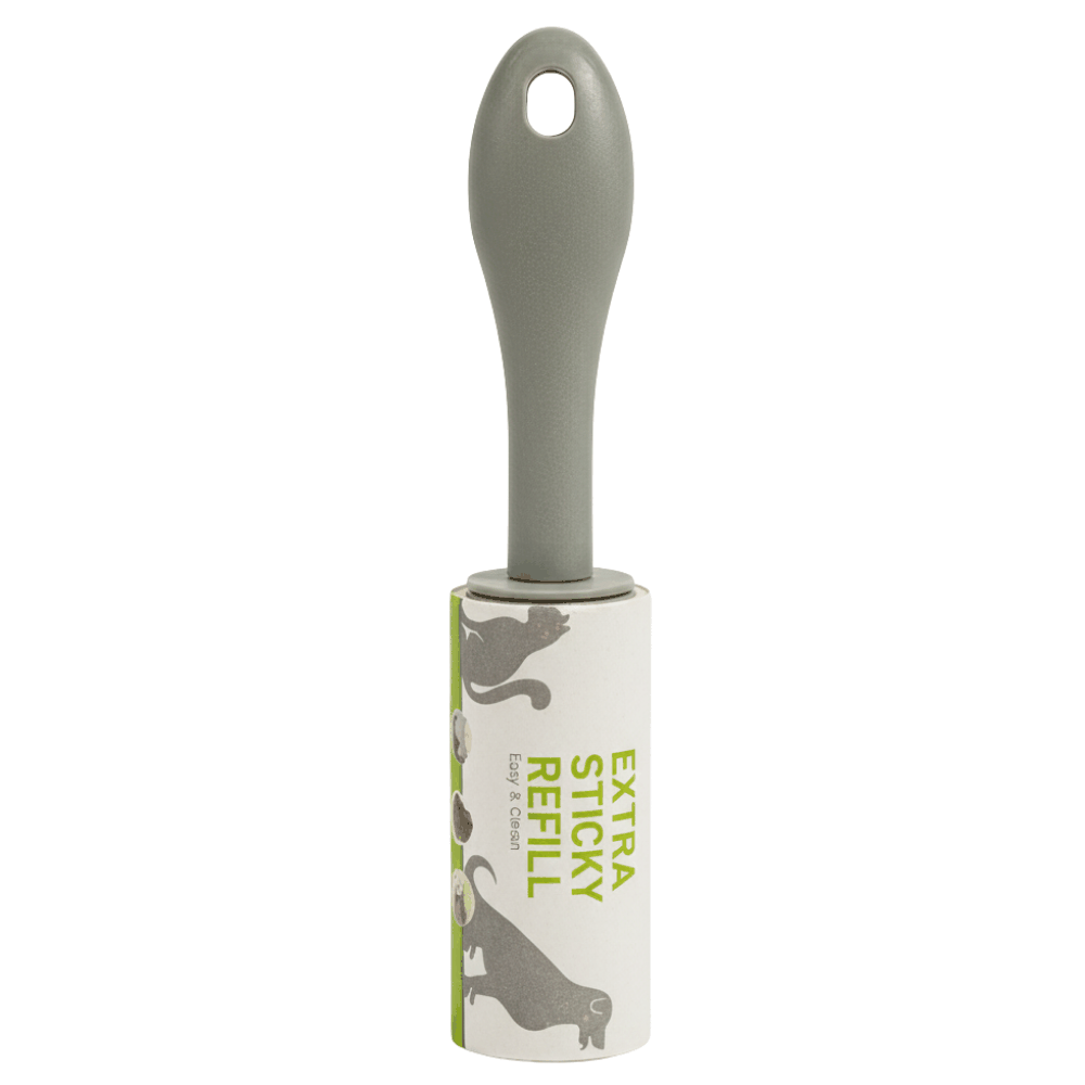 Extra Sticky Refill with gray roller and white container featuring cat illustrations on a white background