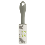 Extra Sticky Refill with gray roller and white container featuring cat illustrations on a white background