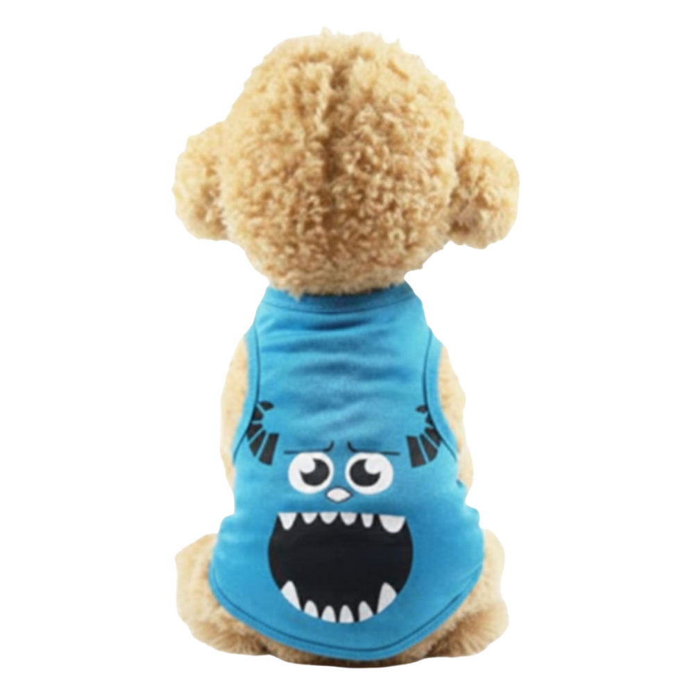 Dog wearing a blue shirt with a monster design on a white background