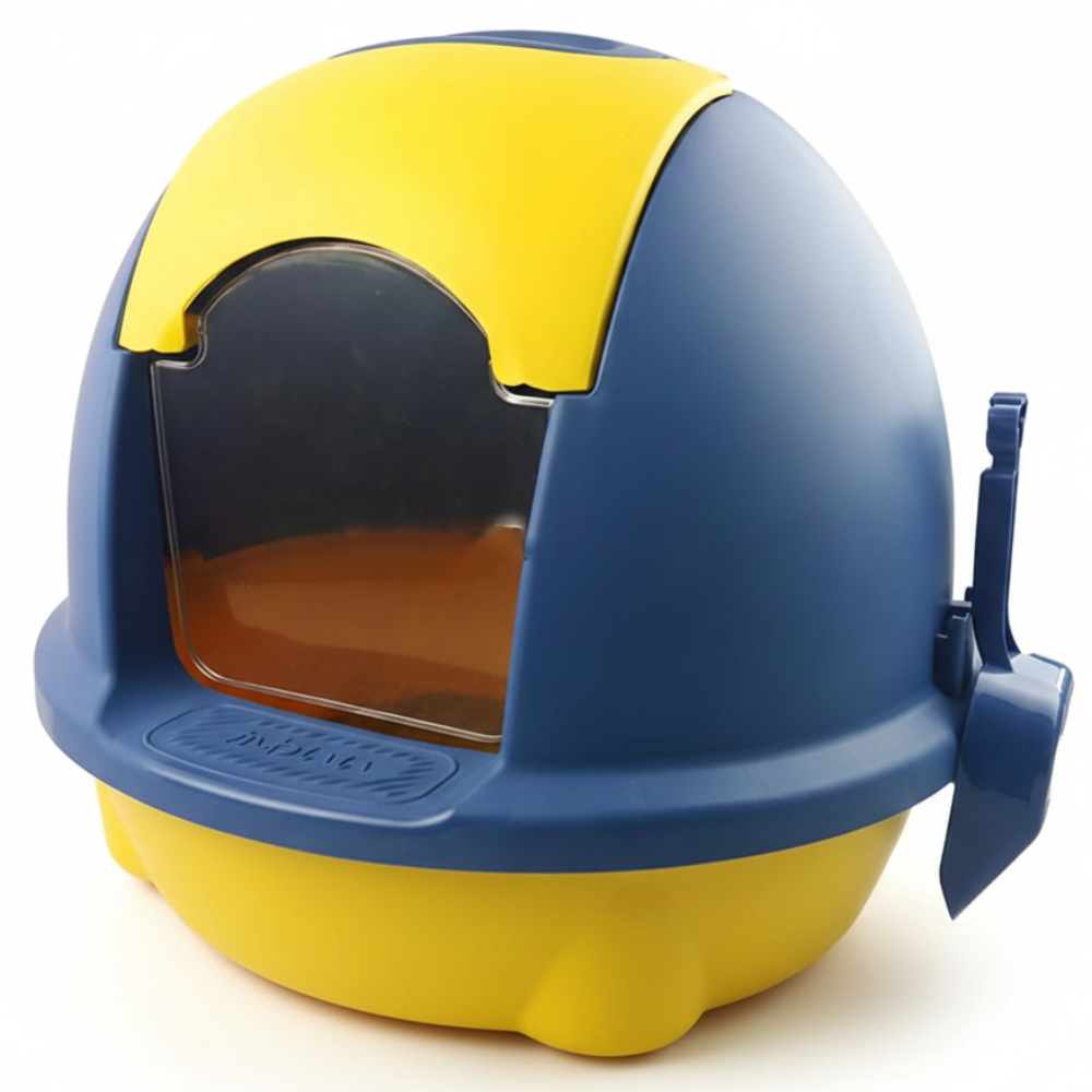 Blue and yellow pet litter box on a white background