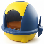 Blue and yellow pet litter box on a white background