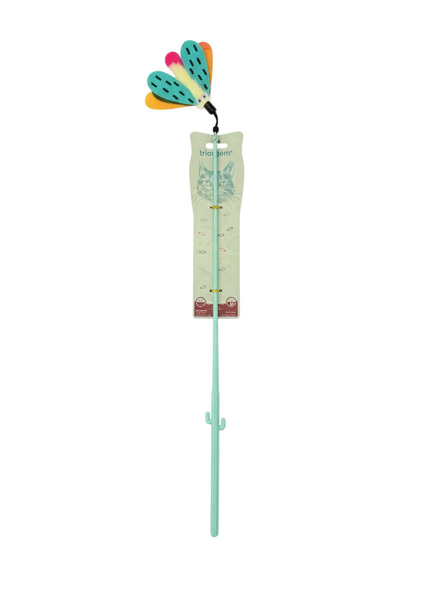 Colorful cat toy on a stick with packaging labeled 'Catit' on a white background