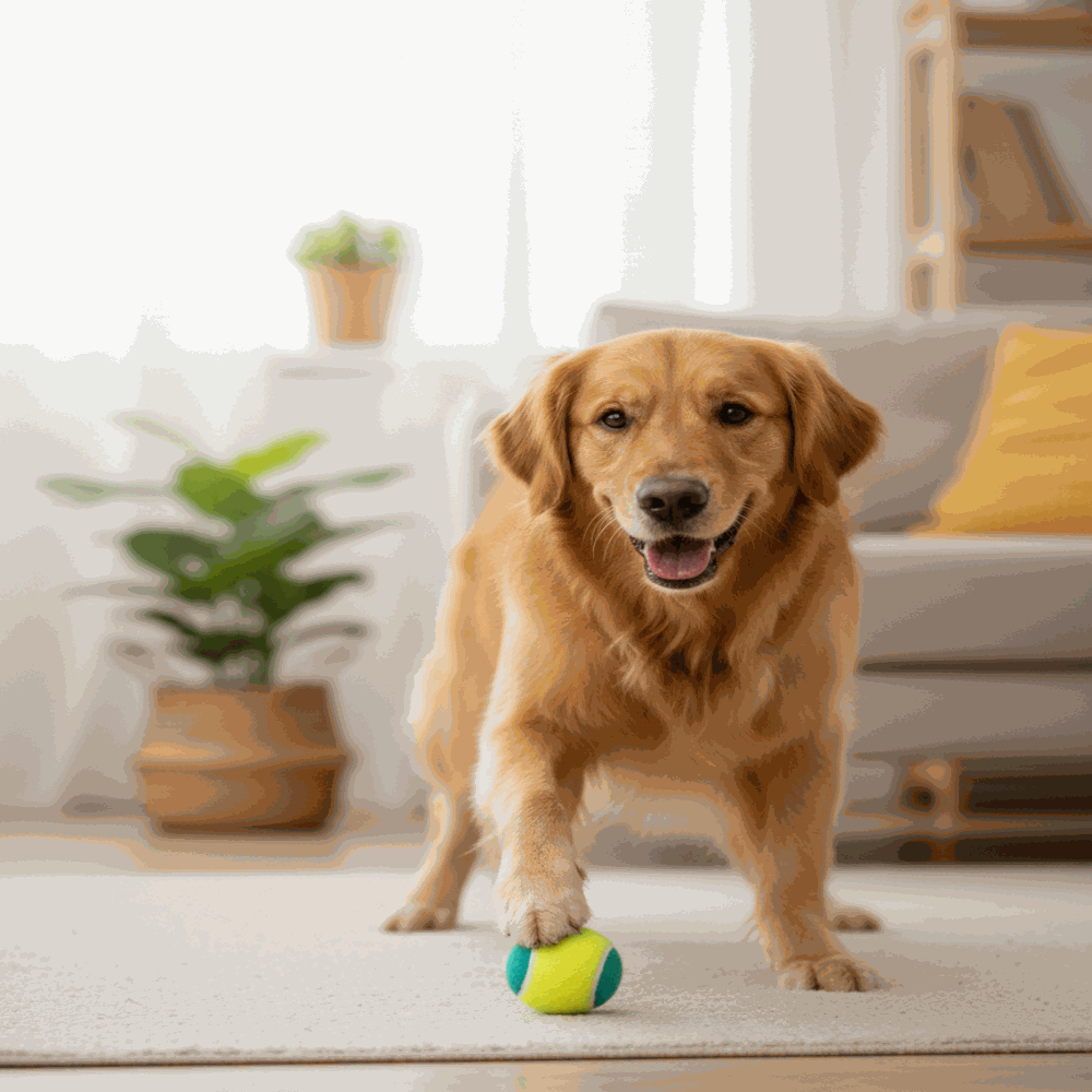 Dog with a tennis ball in a living room