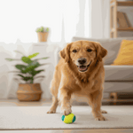 Dog with a tennis ball in a living room
