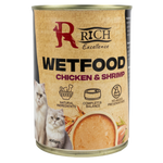 Can of Rich Excellence Wetfood Chicken & Shrimp for cats on a white background