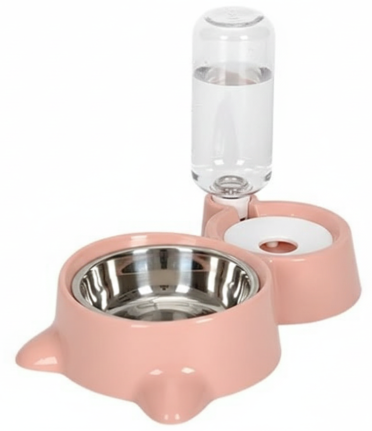 Pink pet feeder and water bottle set on a white background