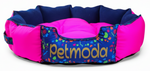 Pink and blue pet bed with 'petmoda' branding on a white background