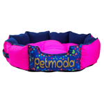 Pink and blue pet bed with 'petmoda' branding on a white background