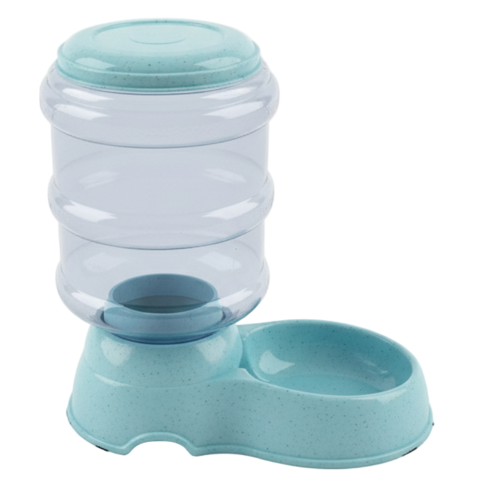 Pet water and food dispenser with a light blue top and base on a white background