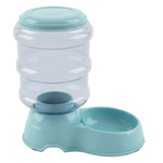 Pet water and food dispenser with a light blue top and base on a white background
