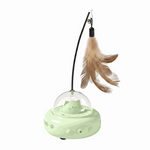 Green cat toy with a feather on a white background