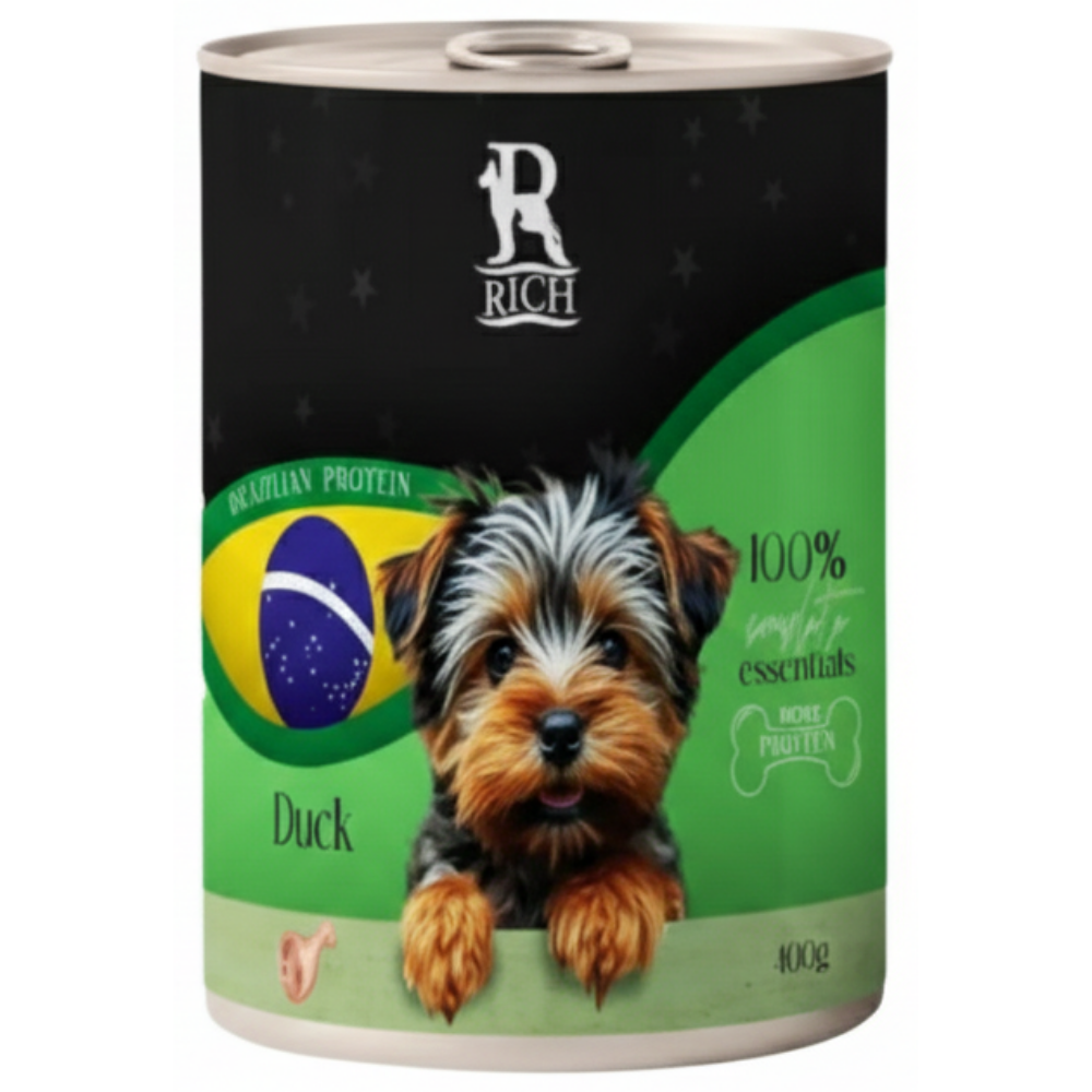 Dog food can with a label featuring a dog and text on a green and black background