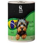 Dog food can with a label featuring a dog and text on a green and black background