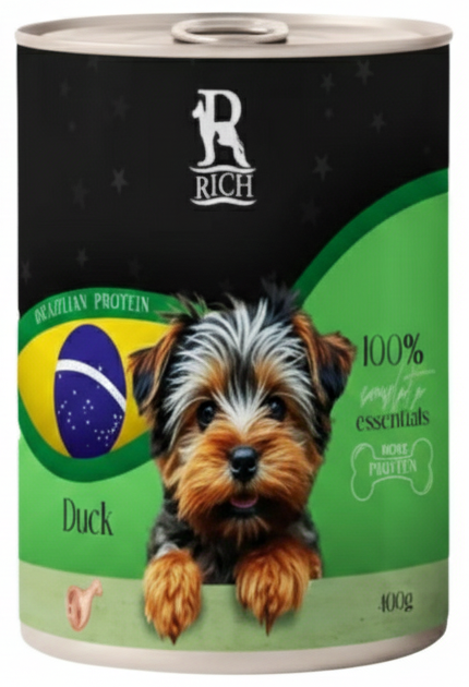 Dog food can with a label featuring a dog and text on a green and black background
