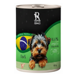Dog food can with a label featuring a dog and text on a green and black background