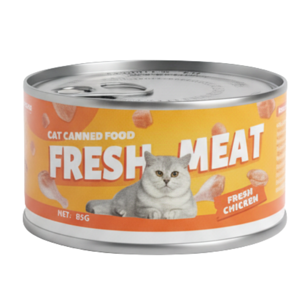 Canned cat food with a label indicating 'Fresh Meat' and 'Fresh Chicken'.