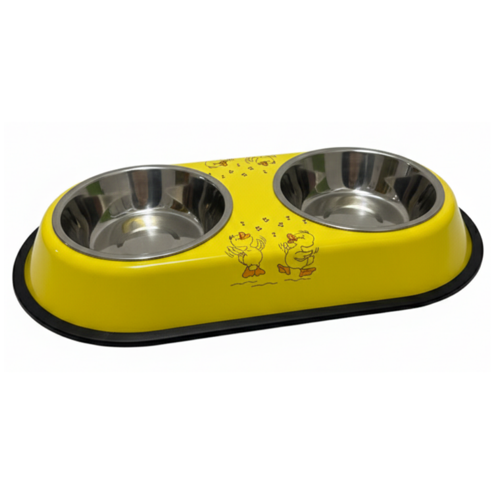 Yellow pet bowl with two stainless steel compartments on a white background