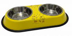 Yellow pet bowl with two stainless steel compartments on a white background
