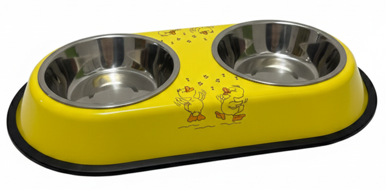 Yellow pet bowl with two stainless steel compartments on a white background