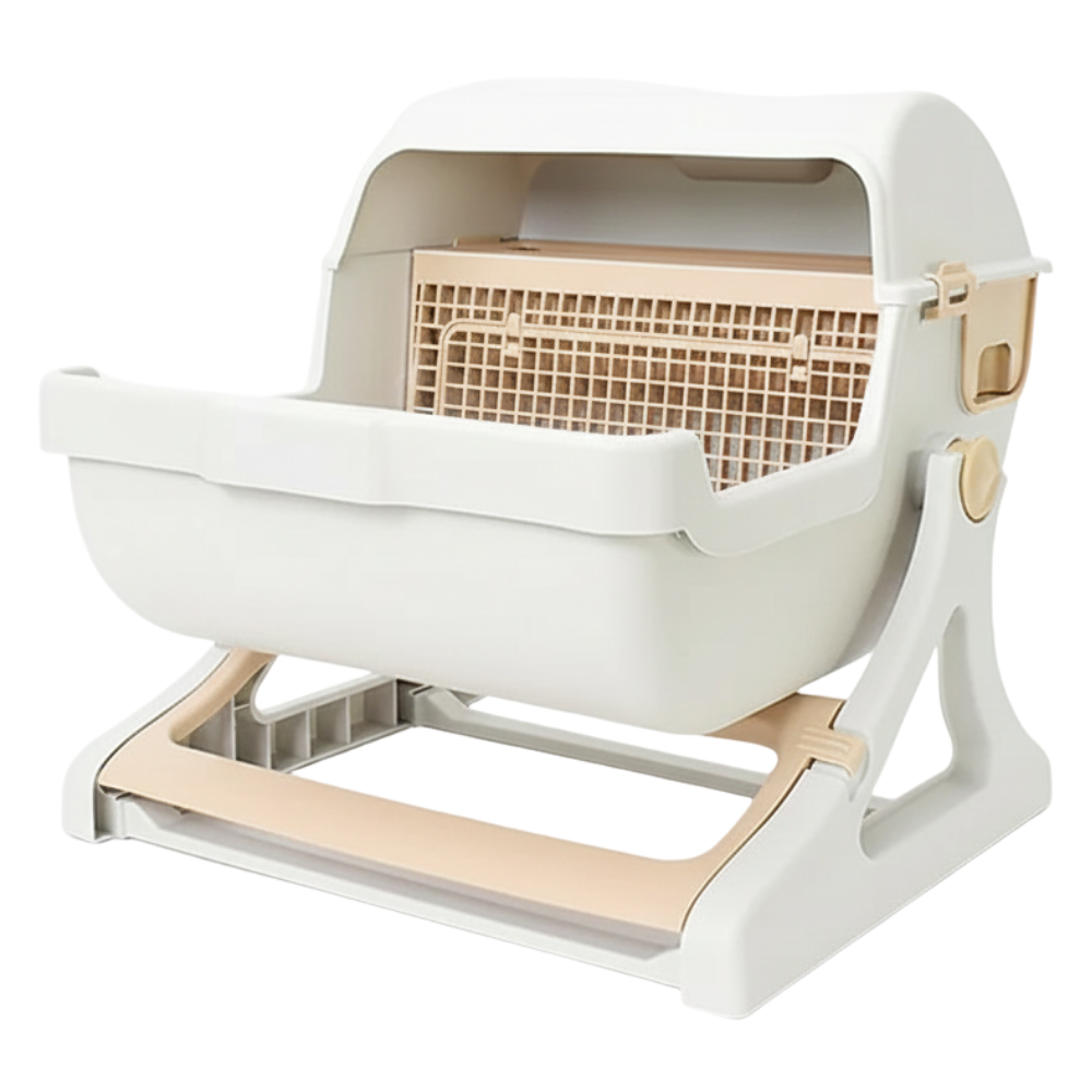 White and beige pet litter box with grid design on a white background