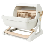 White and beige pet litter box with grid design on a white background