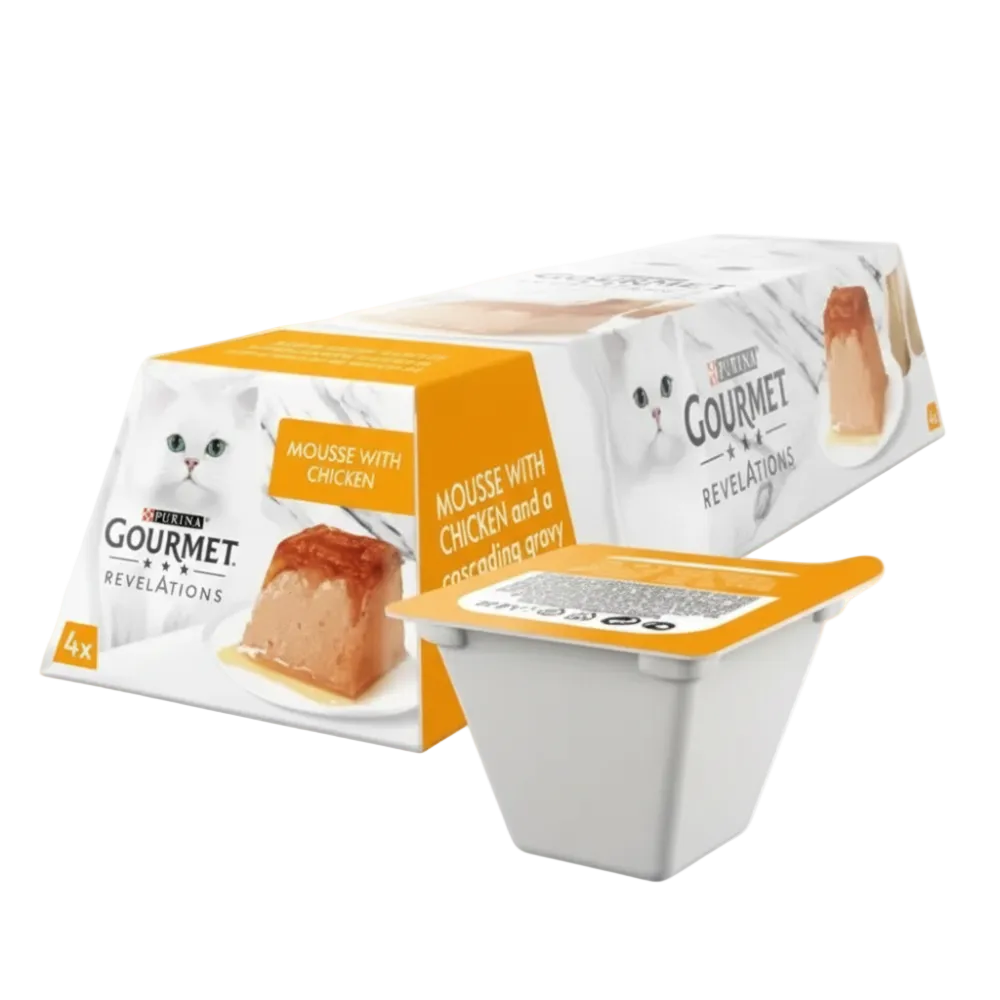 Gourmet cat food packaging with a single portion on a white background