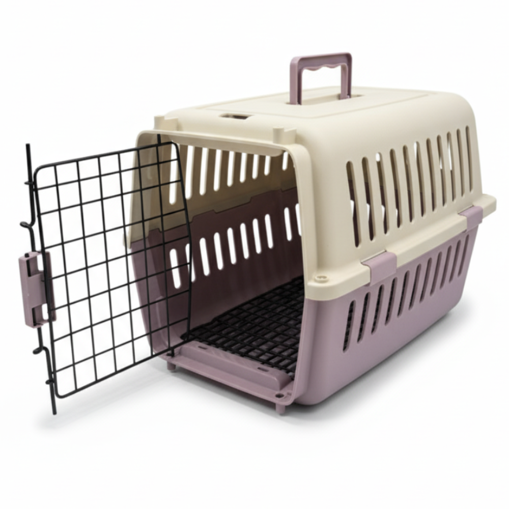 Pet carrier with open door on a white background