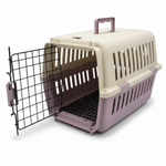 Pet carrier with open door on a white background