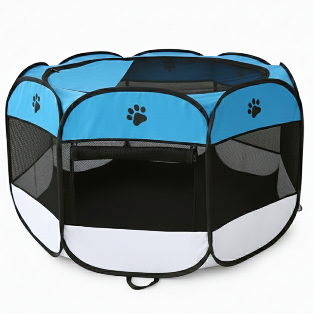 Blue and black pet playpen on a white background