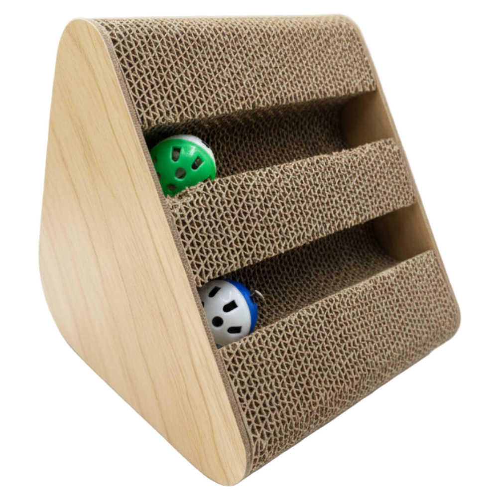 Triangular cardboard scratcher with two balls on a white background
