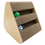 Triangular cardboard scratcher with two balls on a white background