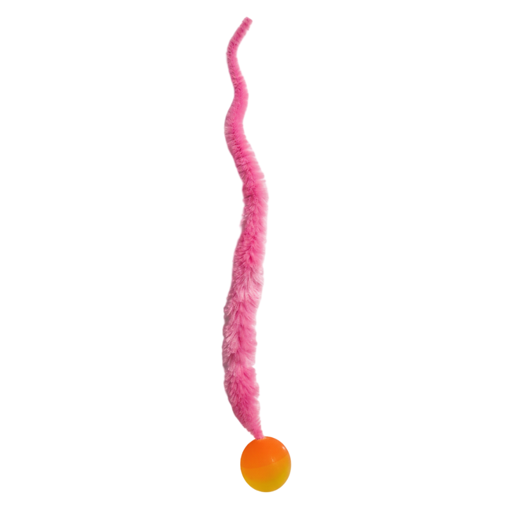 Pink cat toy with a ball on a white background