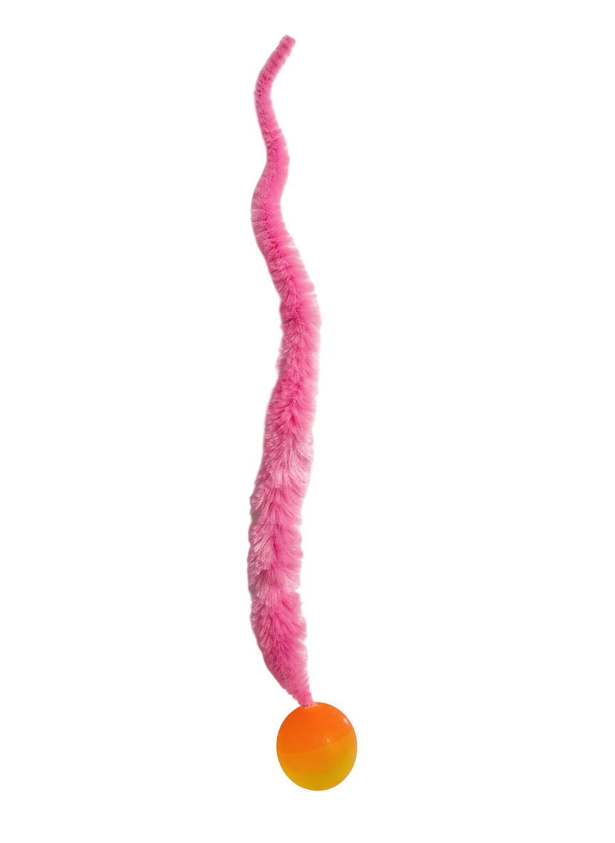 Pink cat toy with a ball on a white background
