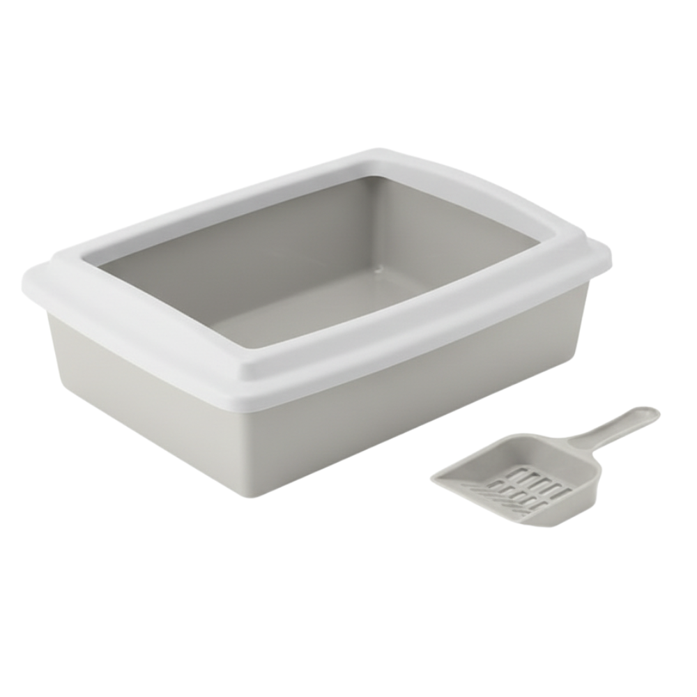 Gray cat litter box with a scoop on a white background