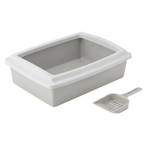 Gray cat litter box with a scoop on a white background
