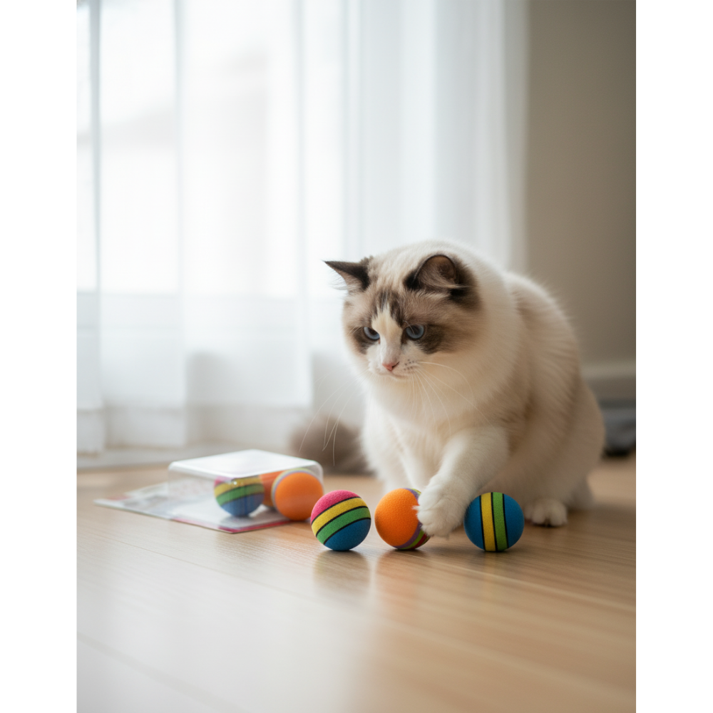 Cat playing with colorful cat toys on a wooden floor.