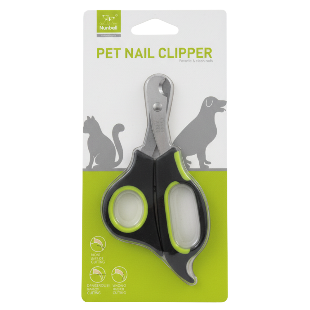 Pet nail clipper on its packaging with branding and illustrations of pets.