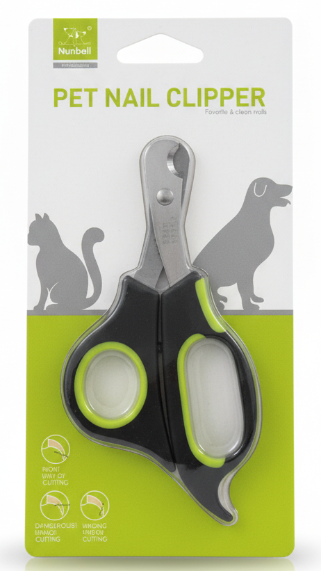 Pet nail clipper on its packaging with branding and illustrations of pets.