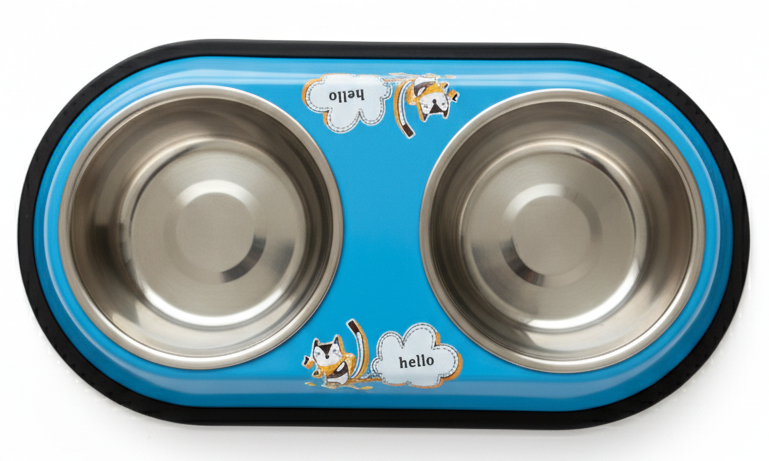 Pet bowl with blue base and stainless steel bowls on a white background