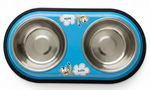 Pet bowl with blue base and stainless steel bowls on a white background