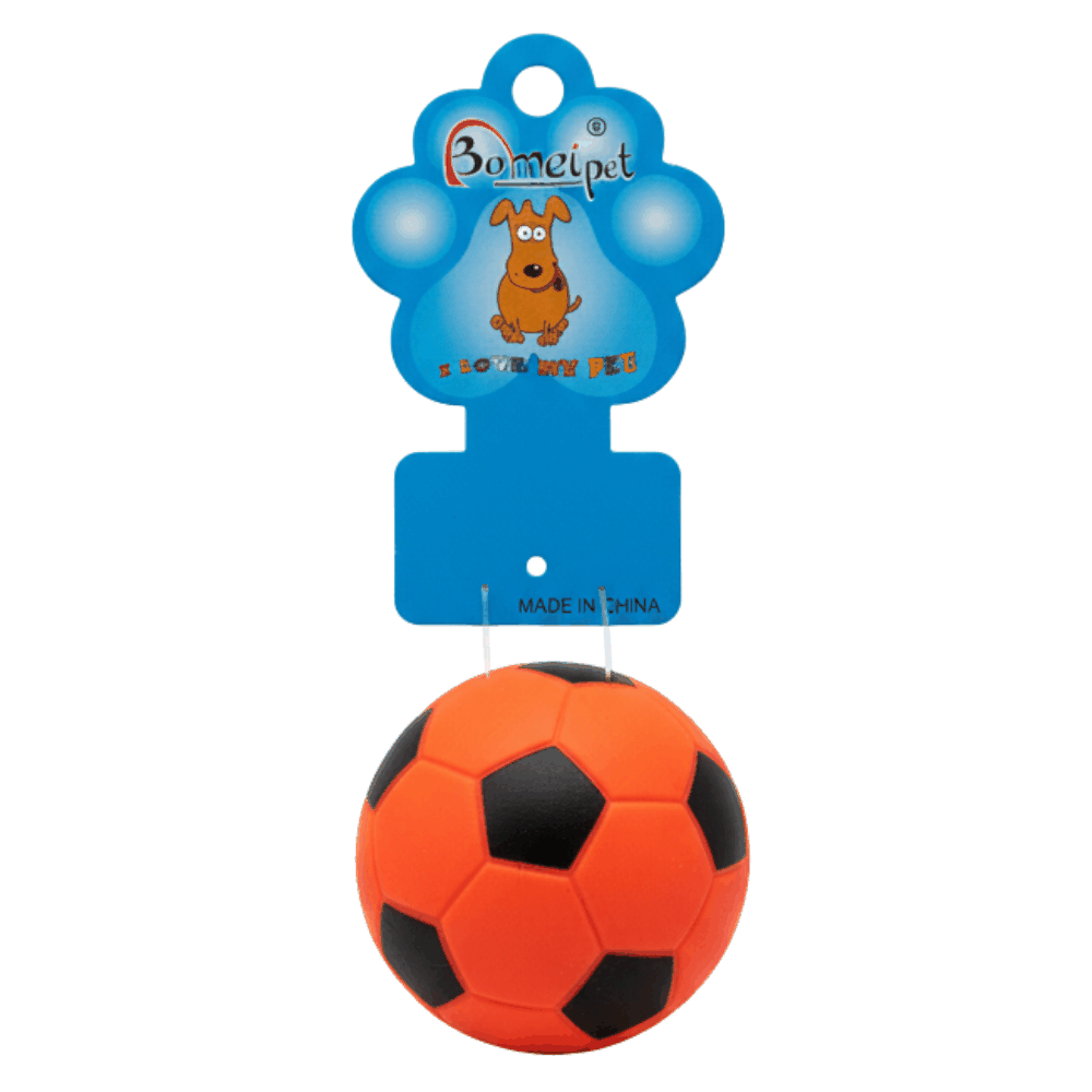Small orange and black soccer ball with a blue tag featuring a cartoon character on a white background