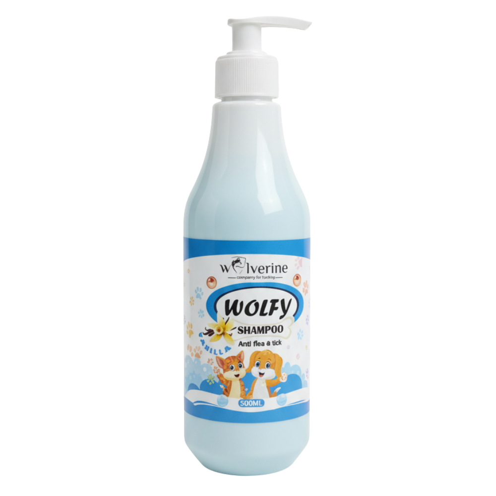 Bottle of Wolfy shampoo with pump on a white background