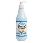 Bottle of Wolfy shampoo with pump on a white background