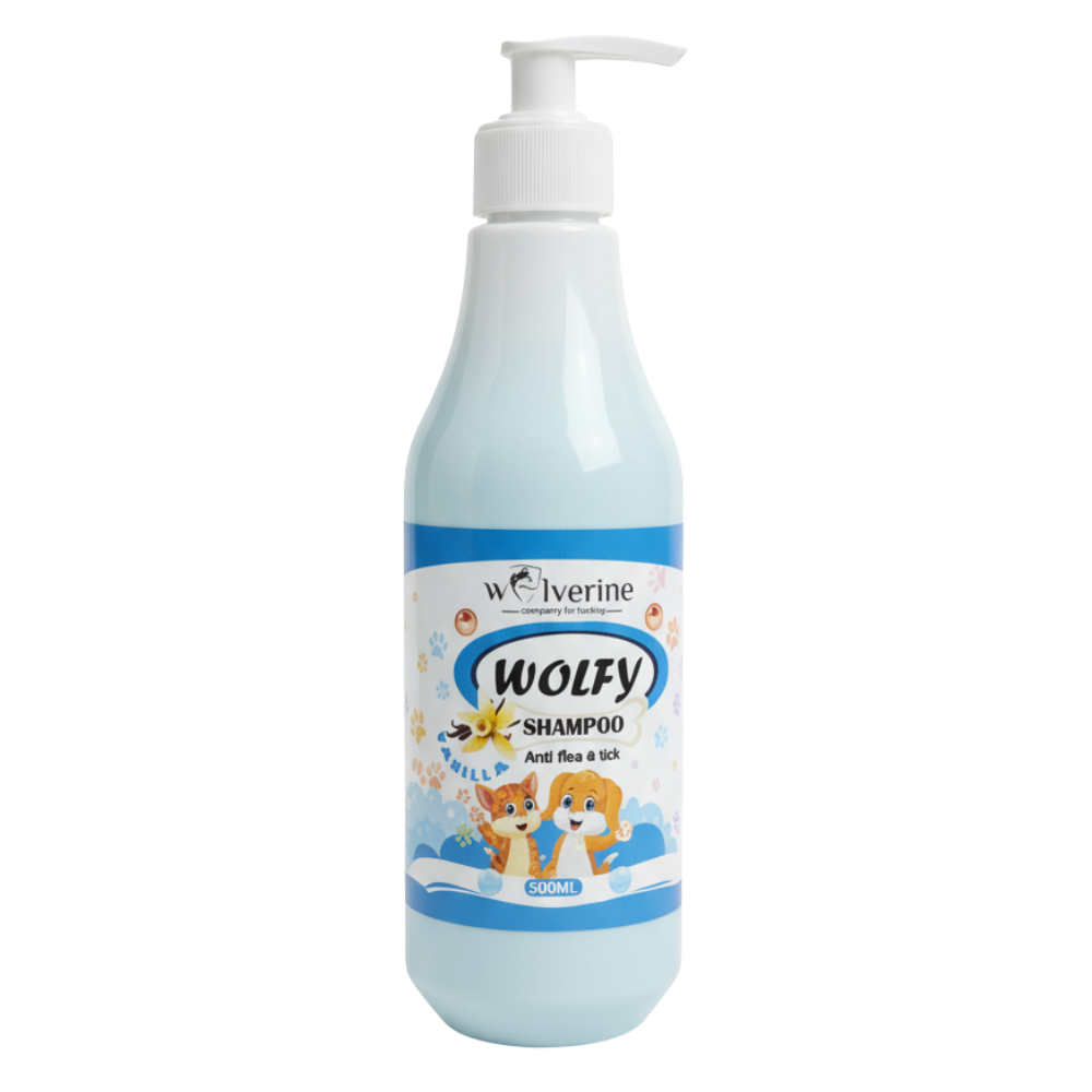 Bottle of Wolfy shampoo with pump on a white background