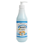 Bottle of Wolfy shampoo with pump on a white background
