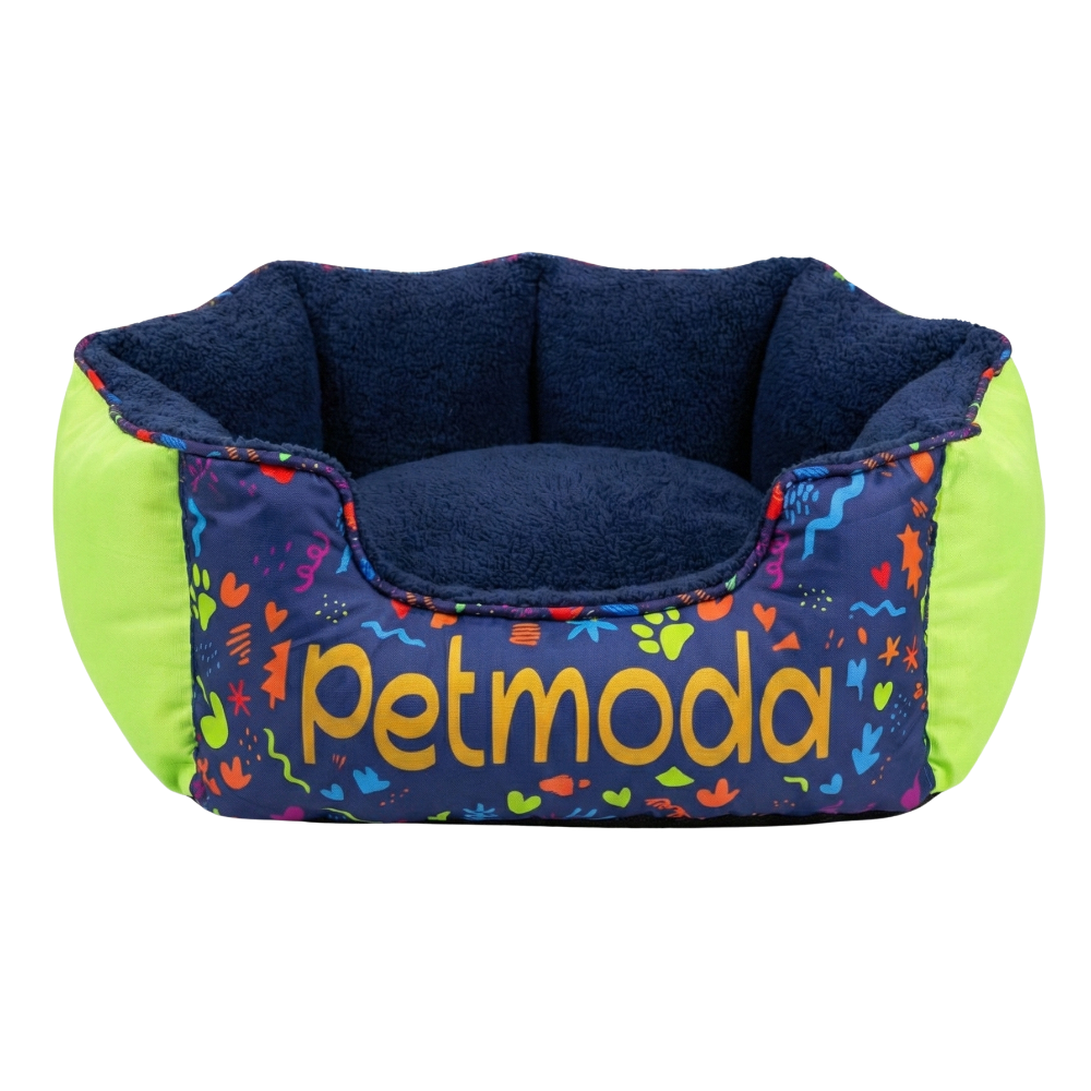 Pet bed with colorful design and 'Petmoda' branding on a white background